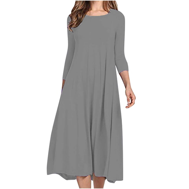 Pisexur Robe d'Automne pour Femme, Robe Maxi à Manches 3/4, Décontractée, à Cordon, Manches Mi-Longues, Taille Haute, Col Rond, Ample, Longue, avec Ceinture