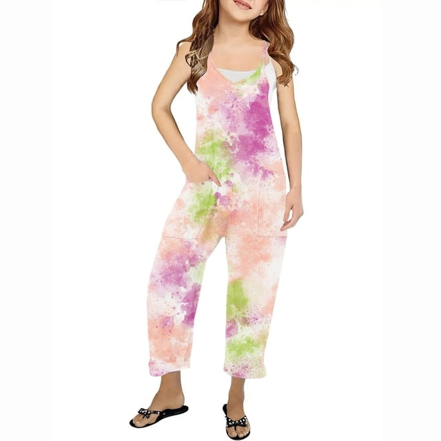 RXIRUCGD Combinaisons Décontractées pour Filles Sans Manches Combinaisons d'Été Pantalons Longs avec Poches pour 5-14 Ans ( Multicolore, Taille : 11-12 Ans )