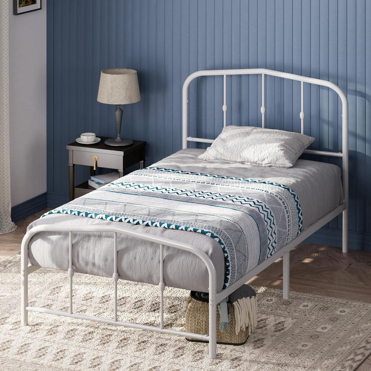 Zinus Heidi 42.5 inch Metal Platform Bed Frame with Headboard, White