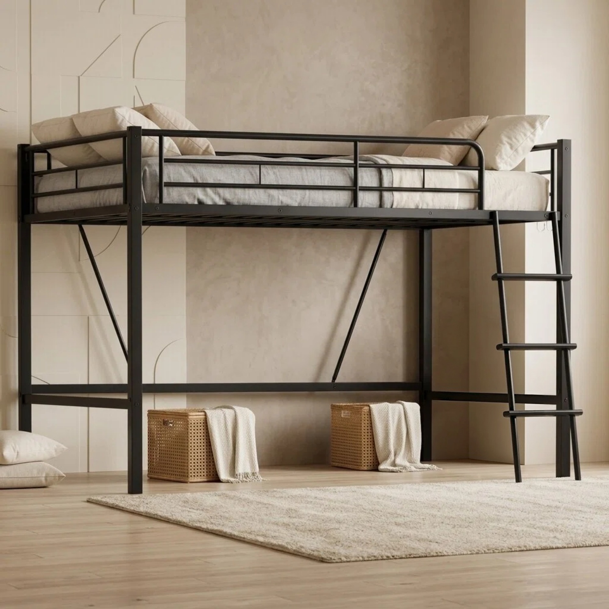 Noble House Metal Twin Loft Bed Frame,Heavy Duty Steel with Removable Ladder & Full Guardrail,Under-Bed Space No Box Spring,Black