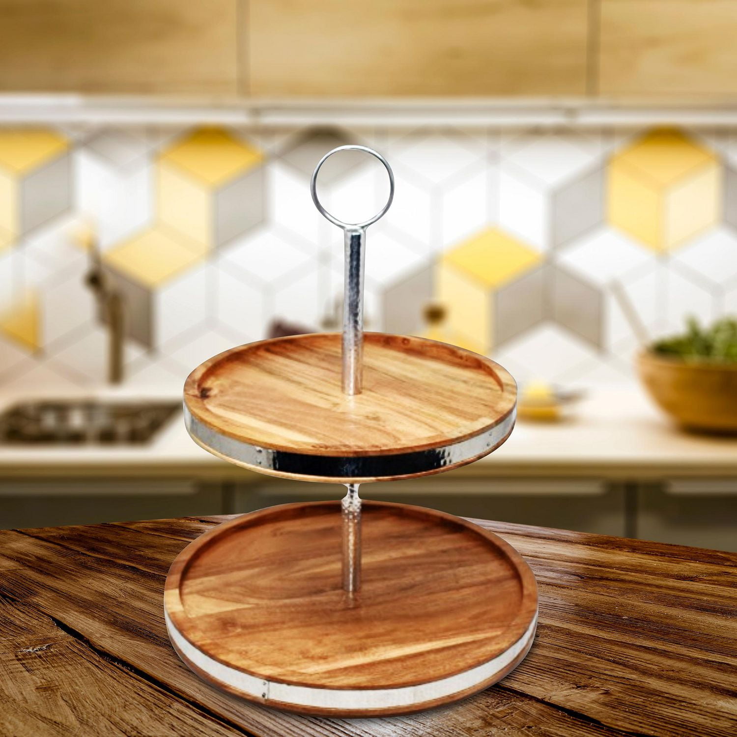 IH Casa Decor Natural Acacia Wood Avec Support À Gâteau À 2 Niveaux Martelé À 2 Niveaux