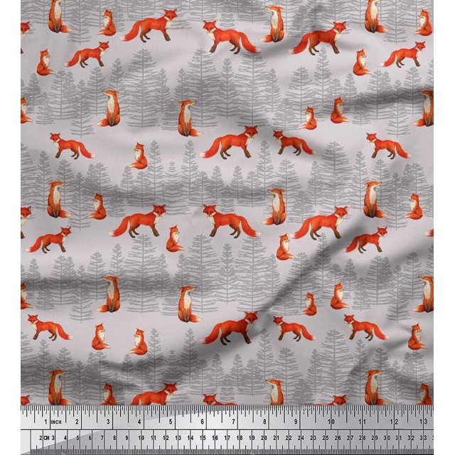 Soimoi Gray Rayon Fabric Cedar Tree & Fox Animal Print Fabric by the Yard 42 Inch Wide