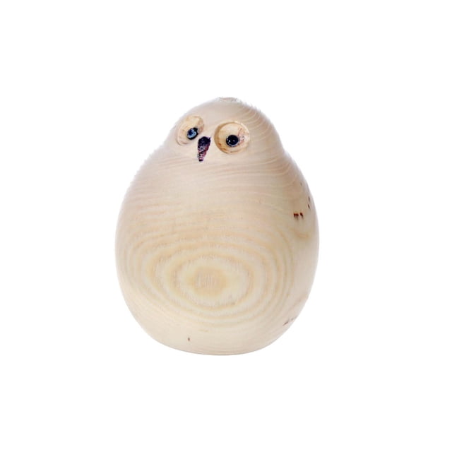 Natural Wooden Owl 3.35" - Set of 2, front-facing view of a small, rounded wooden owl figurine with visible natural wood grain and carved eyes and beak, crafted from light natural wood with a smooth finish, ideal as a decorative object or home accent piece.