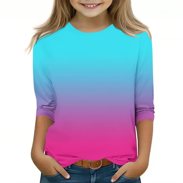 2025 T-Shirts Décontractés pour Filles Manches 3/4 Col Rond Tops d'Été T-Shirts Unis Blouses d'Automne Chandail Tops Bleu