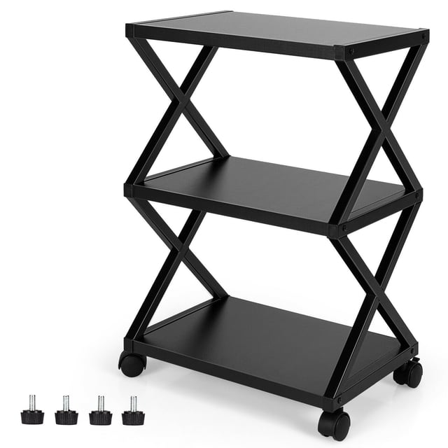 Gymax Mobile Printer Stand with 3-tier storage shelves in black, designed for office furniture needs. Features a sturdy X-shaped iron frame and engineered wood shelves, each supporting up to 33 lbs. Includes height-adjustable anti-skid pads and lockable wheels for stability and mobility. Compact design suitable for printers, books, or kitchen items. Dimensions: 17'' x 12'' x 23''.