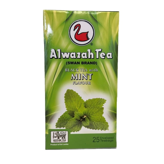 ALWAZA TEA BAG Boîte Vert Menthe de Thé Alwazah à Saveur de Menthe Contenant 25 Sachets de Thé Noir Enveloppés, avec un logo de Cygne Rouge et un Symbole de Qualité de Thé de Ceylan, Produit du Sri Lanka, Convient pour le Thé Chaud Ou Glacé.