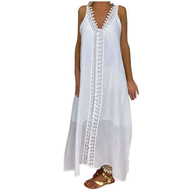 XZNGL Longue Robe Maxi pour Femmes Grande Taille Col en V Sans Manches Plage Ample Dentelle Patchwork Longue Robe Robe Maxi Grande Taille Robe de Plage Grande Taille Robe Maxi pour Femmes