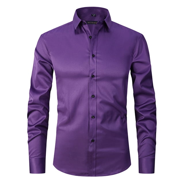 Chemise à Manches Longues Homme Chemise Habillée à Manches Longues pour Homme Coupe Régulière Décontractée Boutonnée Unie à Col Rabattu Blouse et Chemise. une Chemise Habillée à Manches Longues pour Homme de Couleur Violet Vif, avec Col Rabattu, devant Boutonné et Coupe Régulière. Fabriquée avec un Mélange de 95 % polyester et 5 % Élasthanne, Offrant Confort, Respirabilité et Légère Extensibilité. Convient aux occasions Formelles Ou Décontractées comme les Affaires, le Travail, le Port Quotidien Ou les Fêtes.