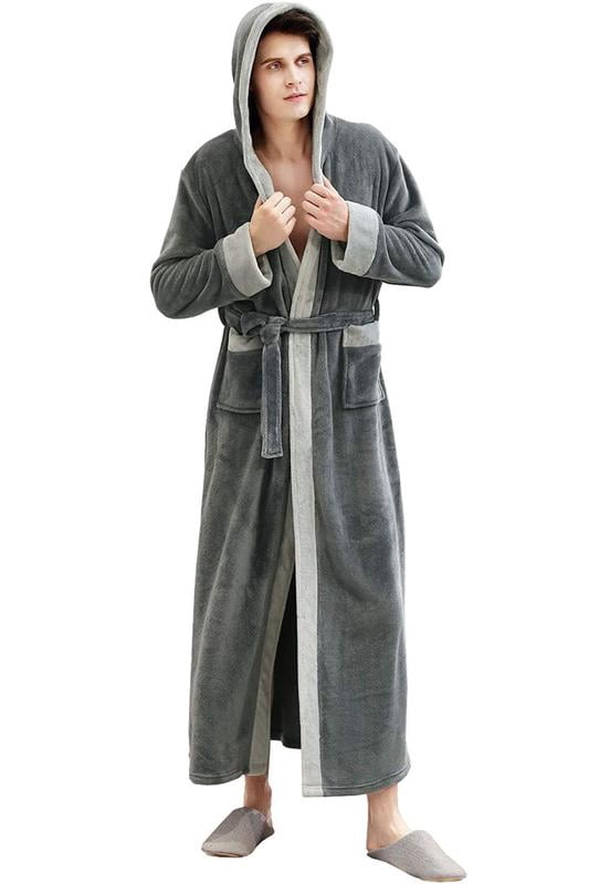 Artfasion Mens Long Bathrobe with Hood Warm Soft Shawl Collar Plush Spa Robe