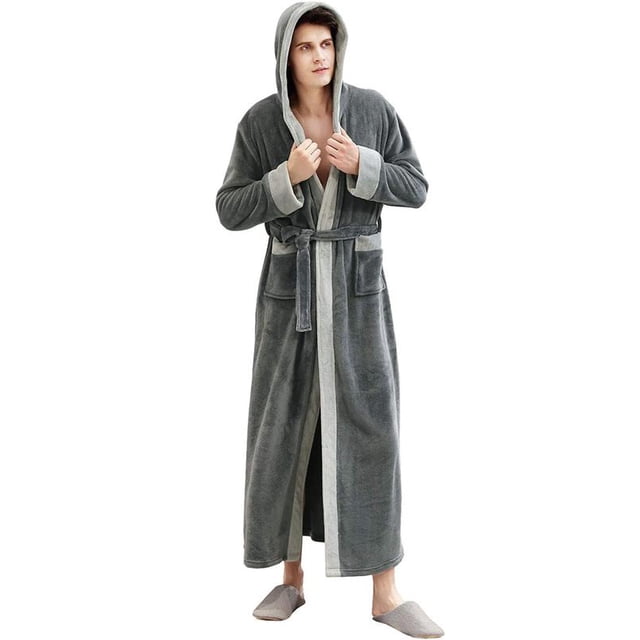 Artfasion Mens Long Bathrobe with Hood Warm Soft Shawl Collar Plush Spa Robe