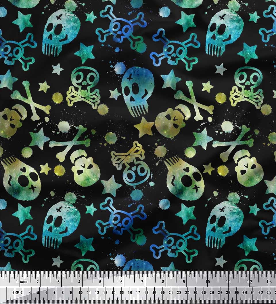 Soimoi Velvet Fabric Star,Crossbones & Skull Halloween Printed Fabric 1 Yard 58 Inch Wide