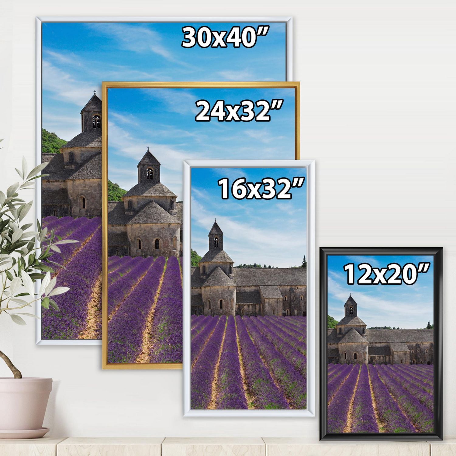 Designart Champ de lavande avec abbaye en France ART MURAL À CADRE FLOTTÉ