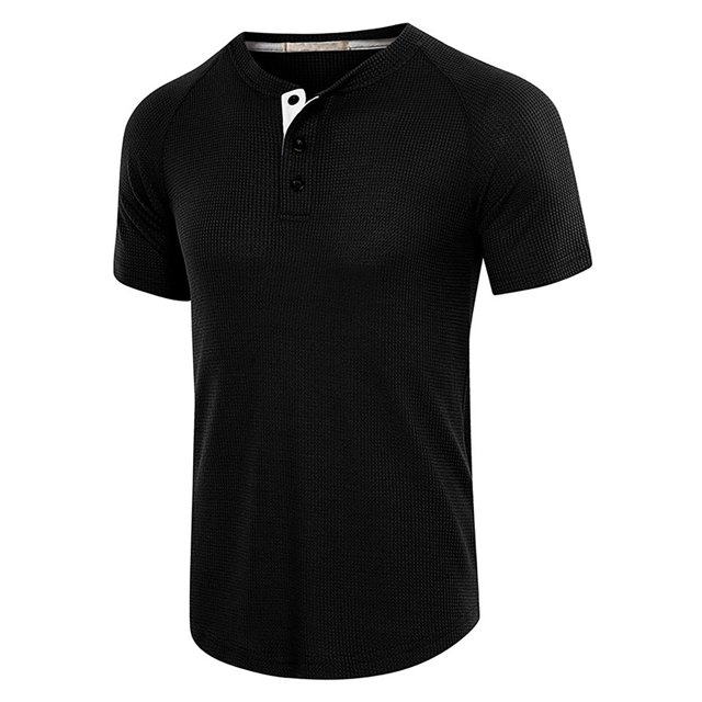 Mens Shirts Short Sleeve Mens Plus Size Shirts Solid Color Short Sleeve T-Shirts Button-Up Shirts in black. Features a 6-button design allowing transformation from round neck to V-neck, made of 96% polyester and 4% spandex for a soft, breathable texture. Ideal for casual and athletic occasions in spring and summer. Available in sizes S to XXL with a regular fit and short sleeves.
