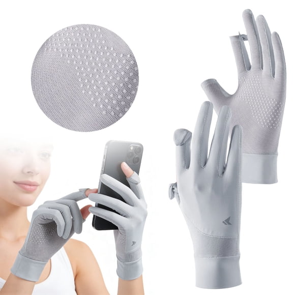 Gants de Protection Uv, Gants Légers en Soie Glacée, Antidérapants pour l'Extérieur, Gants de Soleil pour Femmes, Gants de Conduite à Écran Tactile à Doigts Complets, Gants Rafraîchissants de Protection Uv pour Voyage et Golf, Gris Pâle