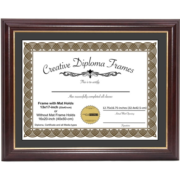 CreativePF [12x16-Diploma] Mahogany Frame with Gold Rim, Black Matting Holds 12x16-inch Documents with Glass and installed Wall Hanger