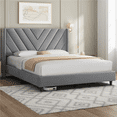 thumbnail image 2 of FullFurnique Upholstered Platform Bed Frame with Wooden Slat Support, Queen, Light Gray, 2 of 9