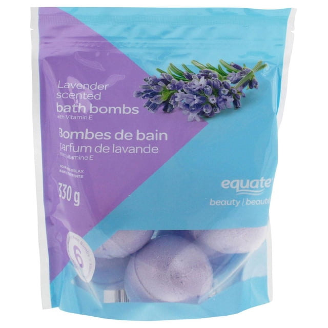 Equate Beauty Lavender Scented Bath Bombs with Vitamin E in a resealable blue and purple pouch containing six round lavender-coloured bath bombs, weighing 330 grams, formulated to nourish skin with vitamin E and provide a calming lavender scent for a relaxing bath experience.