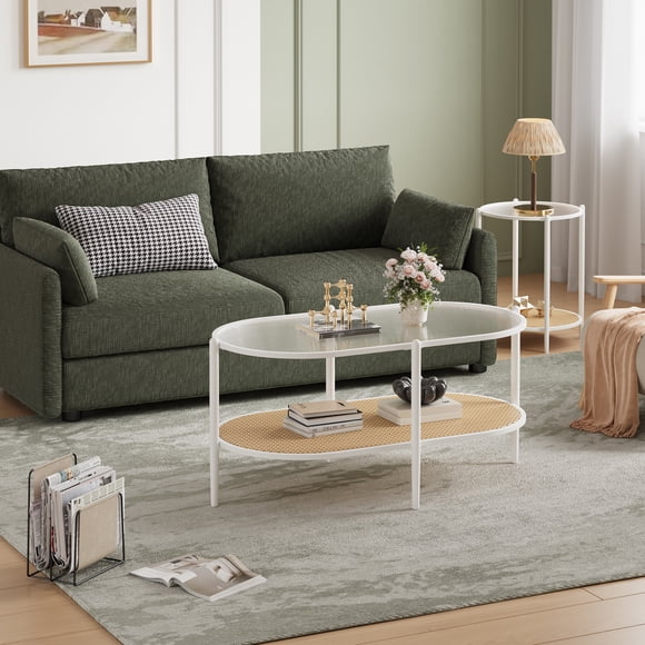 BeesClover 2-Tier Modern Boho Oval Coffee Table, Tempered Glass Top, Rattan Storage Shelf, Durable Metal Frame, Space-Saving, Centerpiece for Living Room, Bedroom, Apartment