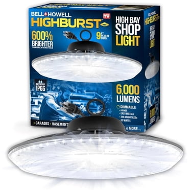 Bell + Howell Disk HIGHBURST PRO 6,000 Lumens High Bay Shop Light with 9 Ft Cord, 216 LEDs, Dimmable, Waterproof IP66