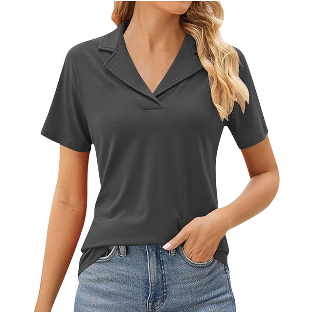 Vente Liquidation de Hauts pour Femmes! Polos pour Femmes Col à Revers Col en V Manches Courtes Blouse Chic Décontractée Tunique Hauts Été Liquidation