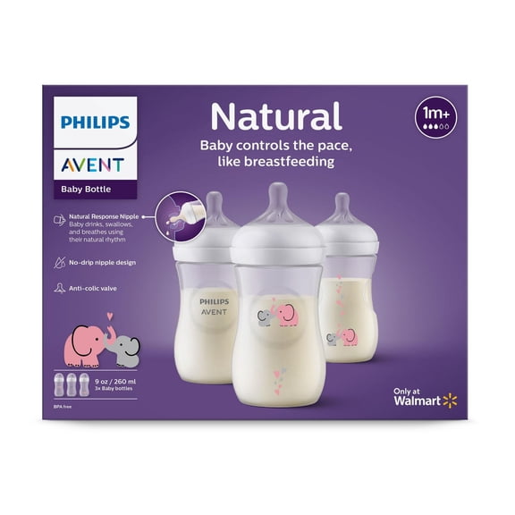 Philips Avent Biberon pour Bébé Natural avec Tétine Natural Response, avec Motif d'Éléphant Bleu, 3x9oz Biberons, SCY903/63