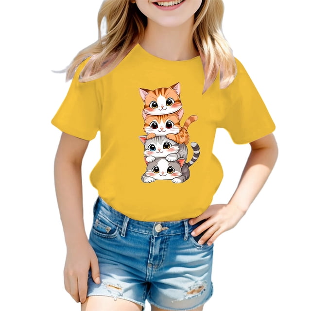 GDREDA Vêtements Fille Enfant Filles Mignon Graphique Col Rond Manches Courtes Tee Été Décontracté T-Shirt Hauts Fille Été Jaune,7-8 Ans