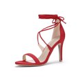 thumbnail image 1 of BLISSFUL STEP Chaussures pour Femmes Sandales à Talon Aiguille Haut à Bride Cheville à Nouer Bout Ouvert en Faux Suède Rouge 9, 1 of 8