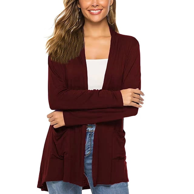 Wangsaura Women Simple Style Cardigan, Solid Color Long Sleeve Knitwear