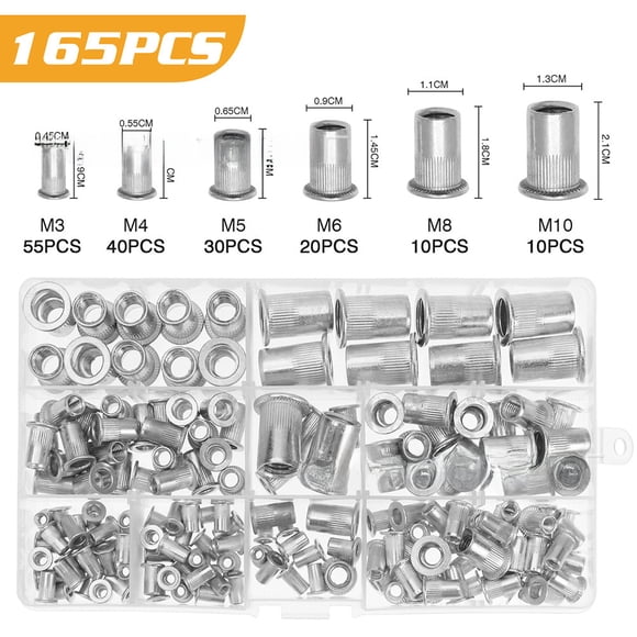 165PCS GB17880 Aluminum Rivet Nut Assortment Kit - M3-M10 Fluted & Tapered Threaded Insert Nuts, Knurled Design for Industrial Equipment Fastening, Lightweight 173g Set with Easy Installation