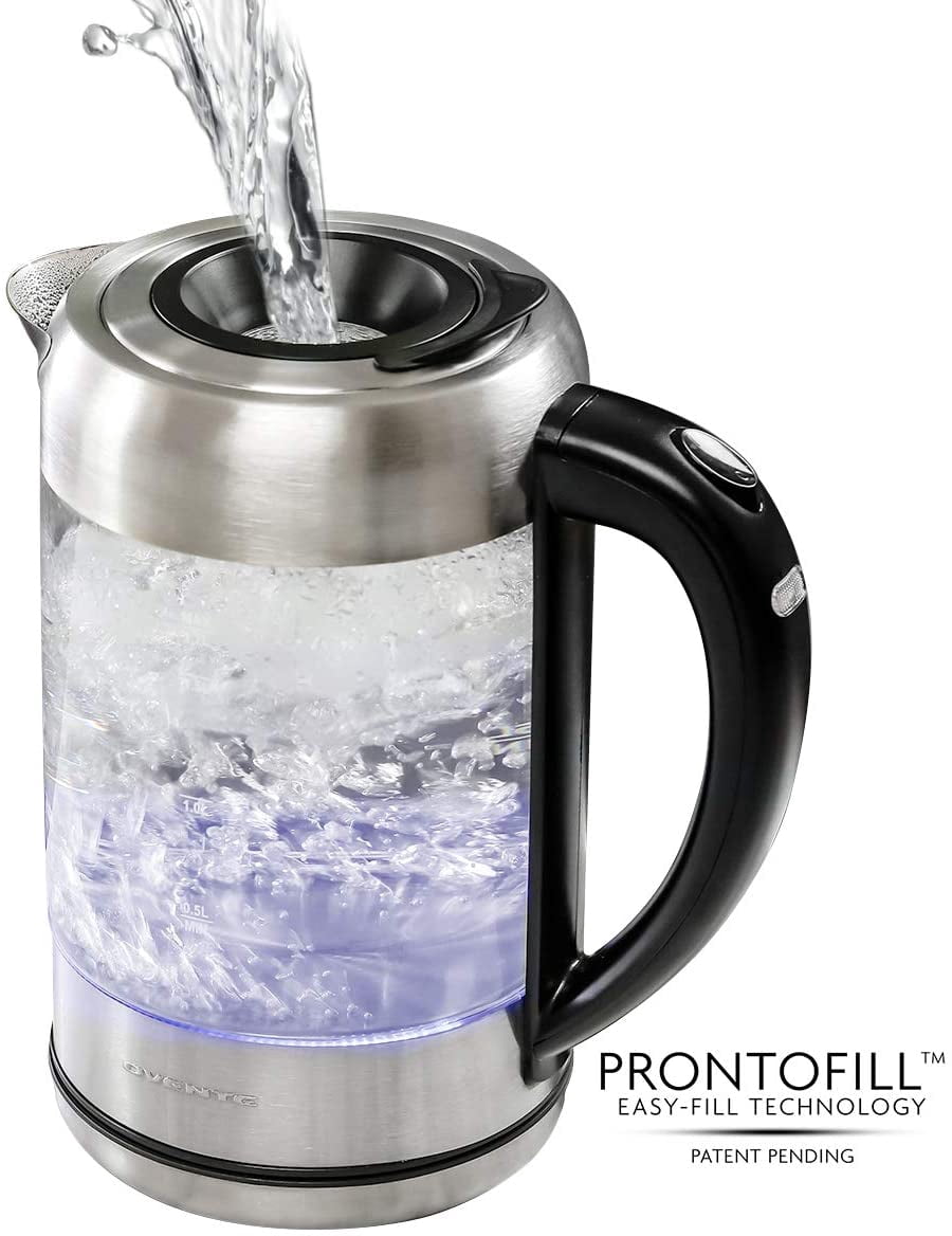 Ovente Electric Hot Water Glass Kettle 1.7 Liter with ProntoFill Technology The Easy Fill Solution, Halo LED Light, BPA-Free, 1500 Watts Perfect for Tea, Coffee, Hot Beverage Silver (KG612S)
