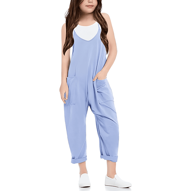 Girls Overall Sleeveless Jumpsuits Rompers for Girls Casual V Neck Strap Rompers with Pockets Tween Girls Trendy Clothes 8-10 Y