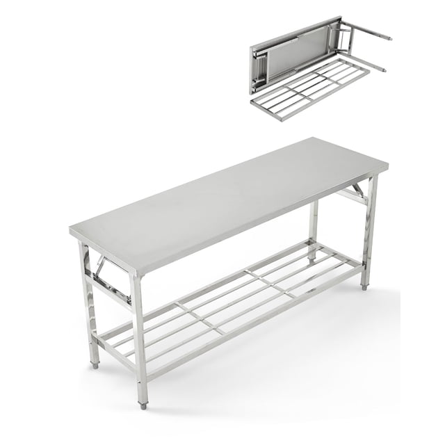 BeesClover Heavy Duty Stainless Steel Folding Worktable with Undershelf, Portable Kitchen Island Prep Station for Catering and Home Use
