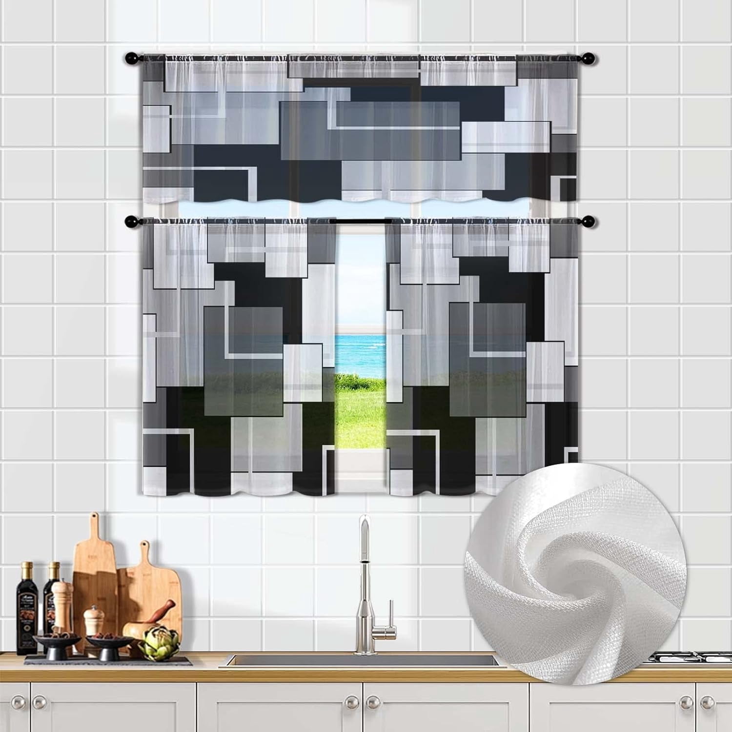 Grey Kitchen Sheer Curtain Tiers and Valances Set of 3PC - Artistic and Fashionable Decor for White Abstract Kitchen Windows