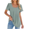 thumbnail image 1 of Yuyuzo T-Shirts à Manches Courtes pour Femmes Col Carré Crochet Manches Bouffantes T-Shirts Blouse Chic Décontractée Tunique Plissée, 1 of 3