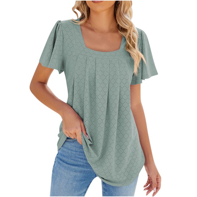 Yuyuzo T-Shirts à Manches Courtes pour Femmes Col Carré Crochet Manches Bouffantes T-Shirts Blouse Chic Décontractée Tunique Plissée