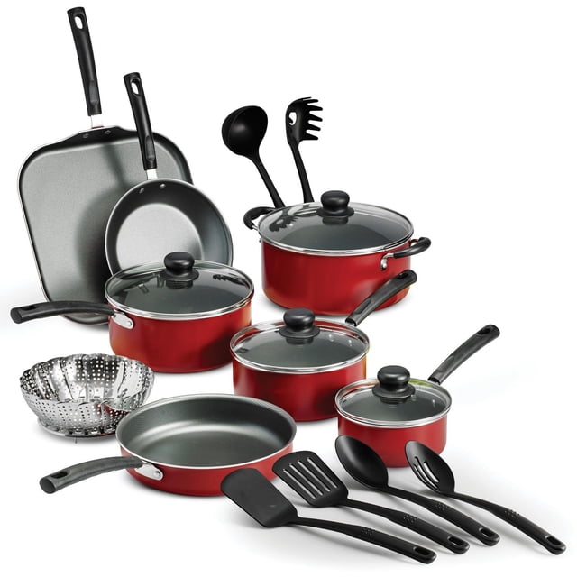Tramontina PrimaWare 18 Pc Aluminum Nonstick Cookware Set in red with multiple pots and pans featuring tempered glass lids, black ergonomic handles, a stainless steel fold-up steamer, and six black nylon utensils including spatulas and ladles, suitable for versatile cooking on gas, electric, and ceramic cooktops.