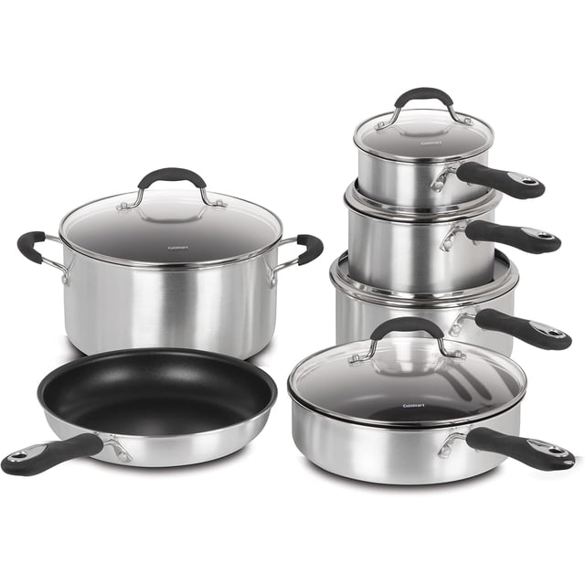 Cuisinart Advantage 11-Piece Non-Stick Aluminum Cookware Set with stainless steel saucepans, sauté pan, stockpot, and skillet, all featuring black silicone handles, clear glass lids, and a nonstick interior with an aluminum core for even heat distribution and easy cleaning, suitable for versatile kitchenware use.