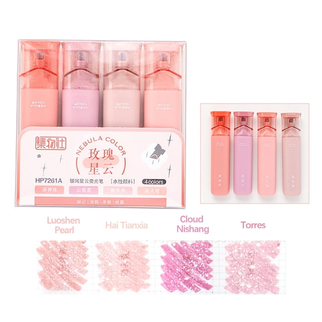 Vrorvz Glitter Highlighter Set for Journaling and Doodling Fiber Tip Markers for Key Point Sorting and Versatile Writing Drawing DIY Handbook with Flash Effect 4 Pack 0.3 fl oz