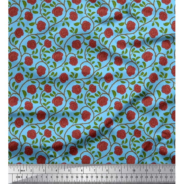 Soimoi Poly Georgette Fabric Leaves & Rose Floral Print Fabric by Yard 52 Inch Wide