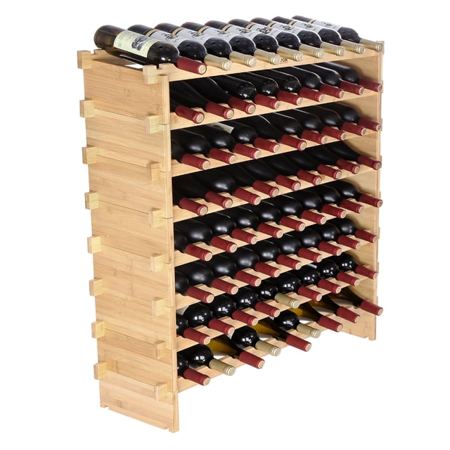VEVOR 72 Bottle Stackable Modular Wine Rack in natural bamboo wood, featuring an 8-tier design with a wavy groove structure for securely holding up to 72 standard 750ml wine bottles. The freestanding rack has a sturdy, wobble-free construction with side plates for enhanced stability. The modular design allows for stacking and easy assembly without tools, making it suitable for kitchens, bars, or wine cellars.