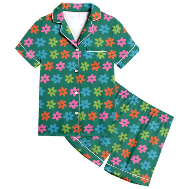 MIASHUI Girls Pajamas Set Flower Pattern Button-Down Sleepwear 2 Piece Nightwear,Green,8-9 Years