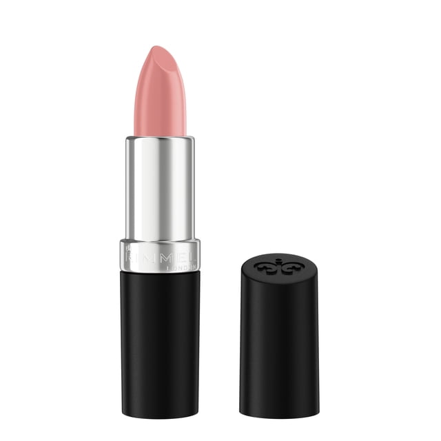 Rimmel Lasting Finish Satin Lipstick in a creamy nude pink shade with a satin finish, housed in a black matte tube with a silver band embossed with the Rimmel London logo, shown with the cap removed and placed beside it on a white background, ideal for vibrant, buildable lip colour with all-day hydration.