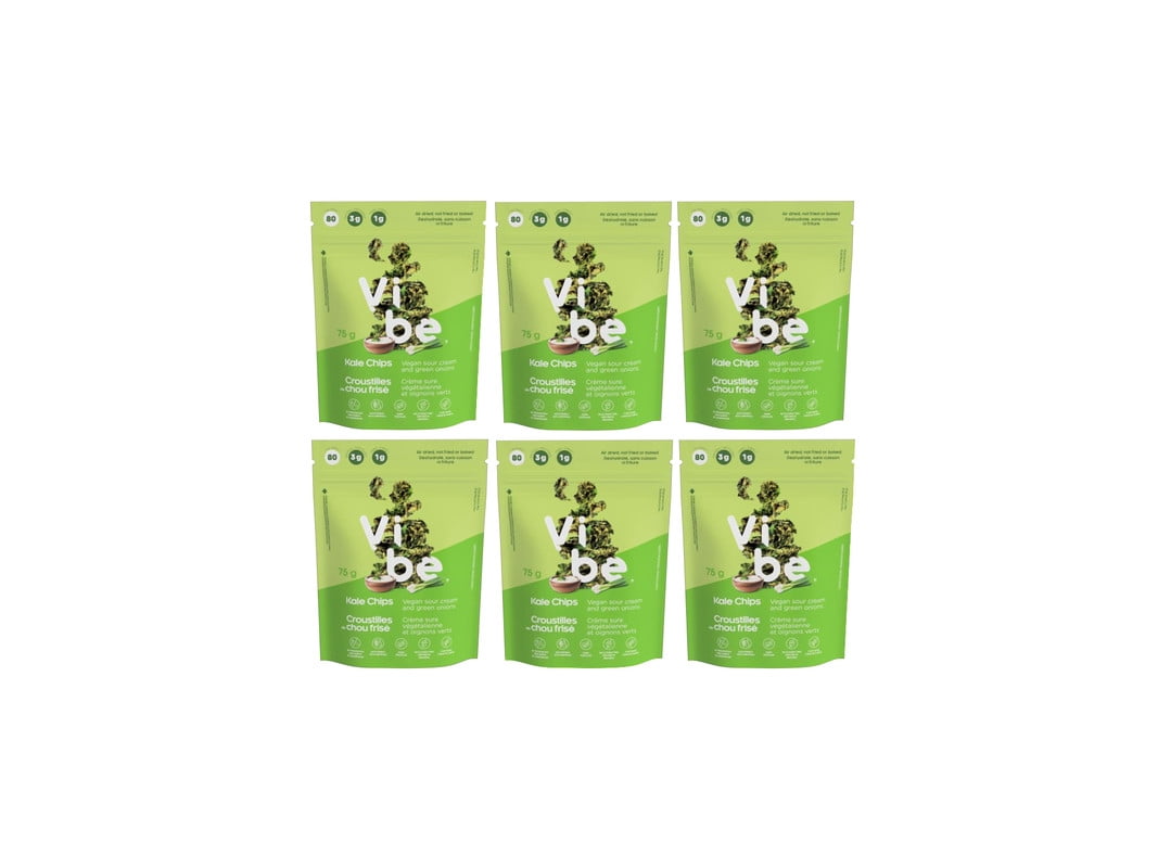 Vibe Kale Chips - Air Dried Gluten-Free Nut-Free Vegan Healthy Snacks - Sour Cream and Green Onions, 75g Each - Pack of 6