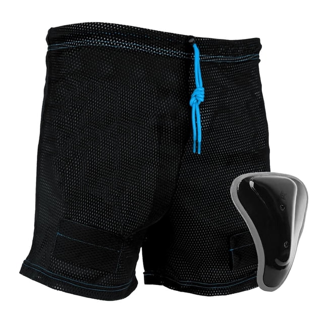 Hockey Jill Mesh Shorts with Protective Pad in Youth Large/Extra-Large, black breathable mesh shorts designed for girls with blue drawstring and stitching, featuring a lightweight black protective cup pad for hockey safety and secure sock attachment.