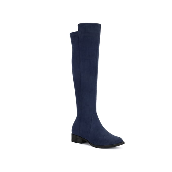 BLISSFUL STEP Women's Knee High Boots Chunky Heel Faux Suede Fall Winter Boots Navy Blue 9