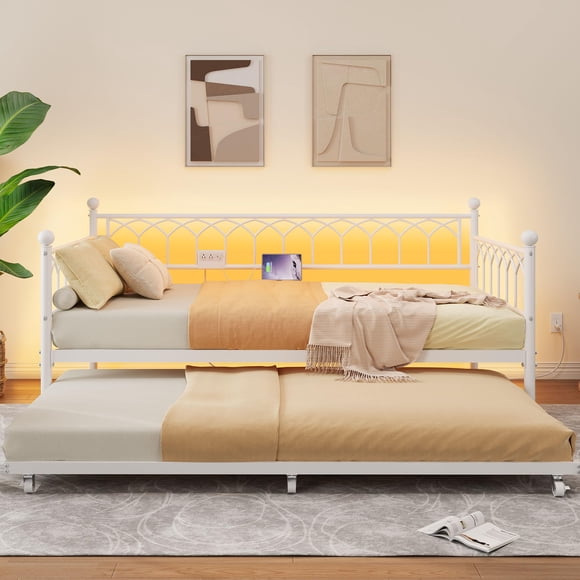Twin Daybed with Trundle, Metal Trundle Bed with Charging Station & LED Lights, Sofa Bed Frame with 6 Locking Caster Wheels for Living Room, Guest Room, Apartment, Easily Assembly