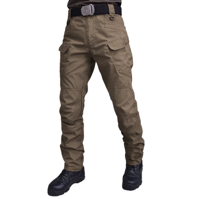 LUXUR Mens Pants Mid Waisted Trousers Elastic Waist Bottoms Fitted Cargo Pant Drawstring Brown L
