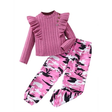 yocbz Toddler Girl Clothes Baby Outfits Long Sleeve Girl 2 Piece Pant Set Long Sleeve Tops Front Crop Top Shirt Cargo Pant Outfit Pink,6-7 Years