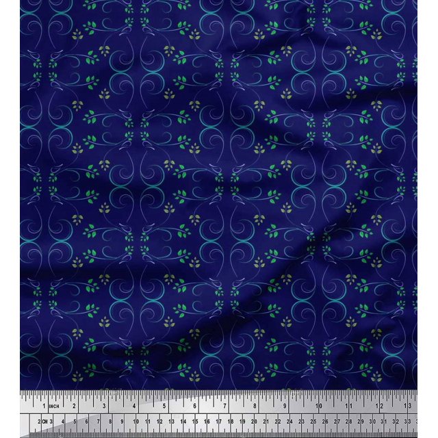 Soimoi Blue Poly Georgette Fabric Leaves & Filigree Damask Decor Fabric Printed Yard 52 Inch Wide