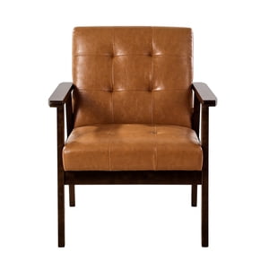 KFFKFF Accent Chair, Mid Century Modern Armchair with Solid Wood Frame and Non-Slip Legs, Upholstered Leisure Chair with PU Leather and Soft Cushion, for Living Room, Bedroom, Office